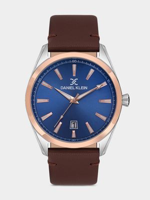 Daniel Klein Silver & Rose Plated Blue Dial Brown Leather Watch