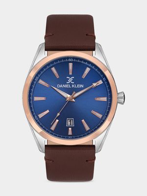 Daniel Klein Silver & Rose Plated Blue Dial Brown Leather Watch