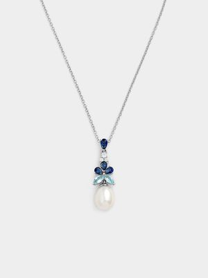 Sterling Silver Shell Pearl & Blue Cubic Zirconia Pendant