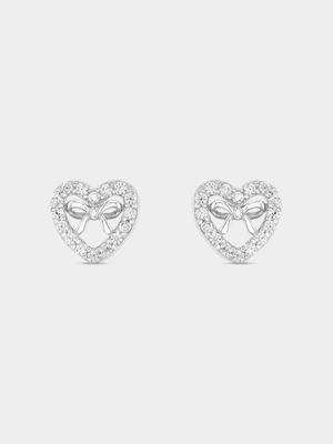 Sterling Silver Cubic Zirconia Heart Bow Stud Earrings