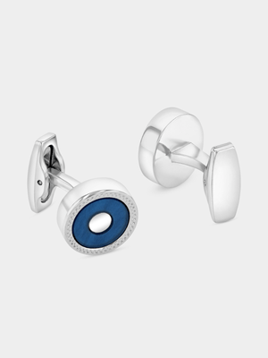 Silver Plated Round Blue & Black Enamel Halo Cufflinks