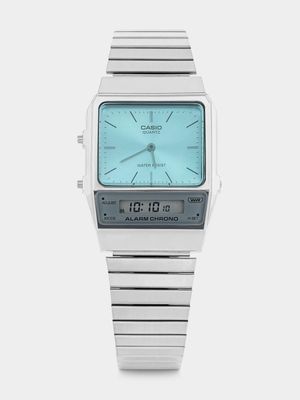 Casio Retro Silver Plated Rectangle Blue Ana Digi Bracelet Watch