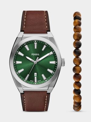 Fossil Everett Green Dial Brown Leather Watch & Beaded Bracelet Set