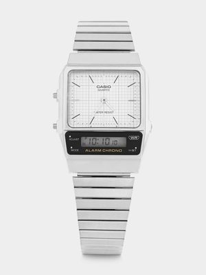 Casio Retro Chrome Plated Rectangle White Ana Digi Bracelet Watch