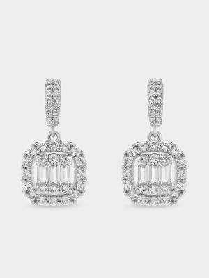 Sterling Silver White Sapphire Cushion Halo Drop Earrings