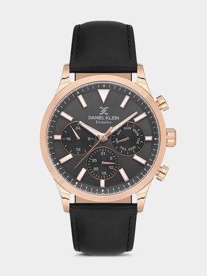 Daniel Klein Rose Plated Black Leather Chronographic Watch