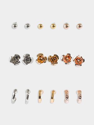 Girl's Silver & Rose Gold 9-Pack Earrings