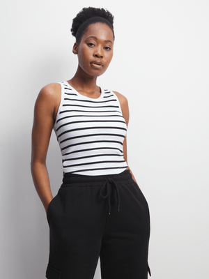 Womens TS Ribbed Striped Black/White Cropped Tank