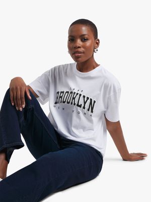 Women's White Slogan Print T-Shirt