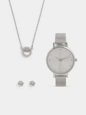 Women's Silver Necklace, Earrings & Watch Set