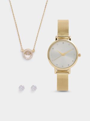 Women's Gold Necklace, Earrings & Watch Set