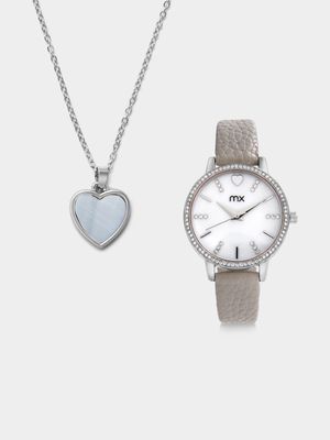 MX Silver Plated Grey Faux Leather Watch & Heart Pendant Set