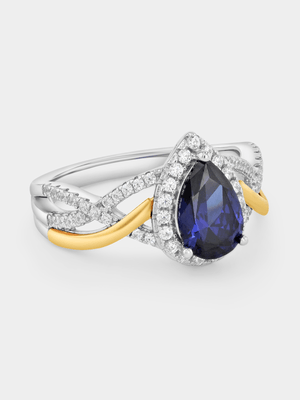 Yellow Gold & Sterling Silver Blue Cubic Zirconia Pear Halo Ring