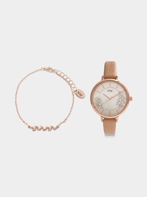 MX Rose Plated Tan Faux Leather Watch & Leaf Bracelet Set