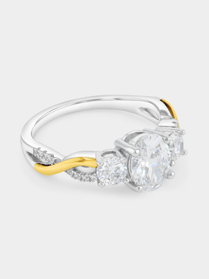 Yellow Gold & Sterling Silver Cubic Zirconia Oval Trilogy Ring