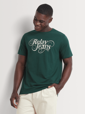 Men's Relay Jeans Slim Fit Retro Script Forest Green Graphic T-Shirt