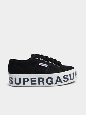 Womens Superga 2790 Lettering Canvas Platform Black/White Sneakers