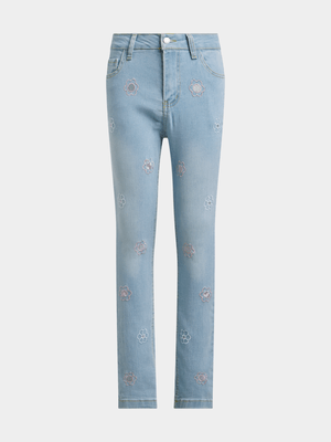 Jet Older Girls Light Blue Flower Embroidered Jeans