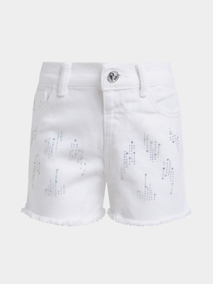 Jet Younger Girls White Diamante Denim Shorts