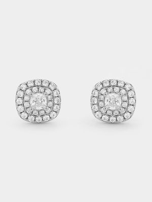 Sterling Silver Cubic Zirconia Double Halo Cushion Stud Earrings