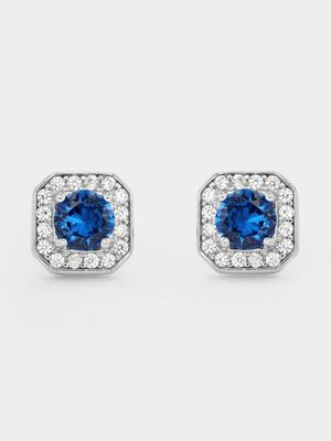 Sterling Silver Blue Cubic Zirconia Vintage-Style Stud Earrings