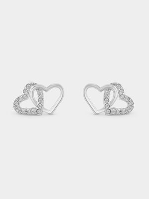 Sterling Silver Cubic Zirconia Double Open Heart Stud Earrings