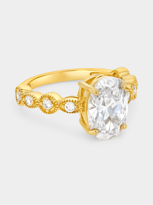 Gold Plated Sterling Silver Cubic Zirconia Oval Solitaire Ring