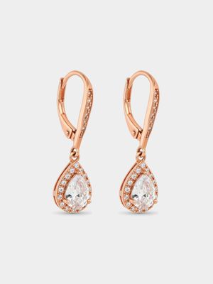 Rose Gold Plated Sterling Silver Cubic Zirconia Pear Halo Drop Earrings