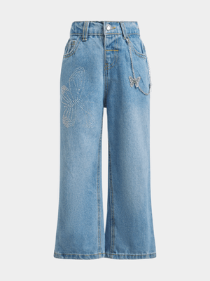 Jet Younger Girls Blue Butterfly Wide Leg Jeans