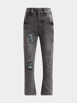 Jet Younger Boys Grey Badges & Zip Fash Denim