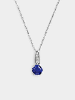 Sterling Silver Tanzanite Blue Cubic Zirconia Round Bar Pendant