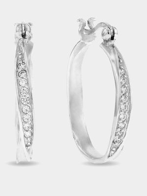 Sterling Silver Cubic Zirconia Women's Pave Twisted Hoop Earrings