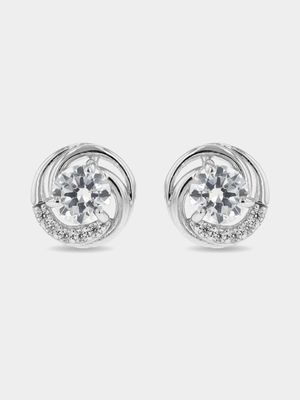 Sterling Silver Cubic Zirconia Women's Curved Solitaire Stud Earrings