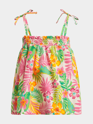 Younger Girl's Green & Pink Tropical Strappy Top