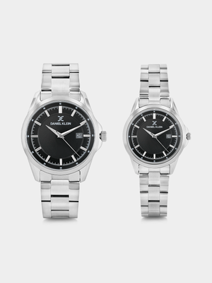 Daniel Klein Silver Plated Black Dial Bracelet Watch His & Hers Set