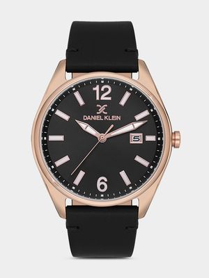 Daniel Klein Rose Plated Black Dial Black Leather Watch