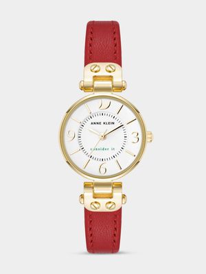 Anne Klein Round Gold Plated Red Leather Watch