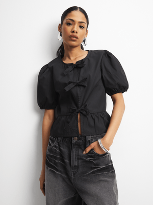 Women's Black Poplin Top With Front Ties