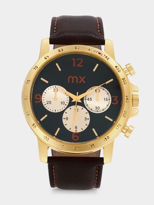 MX Gold Plated Green & Gold Tone Dial Brown Faux Leather Watch