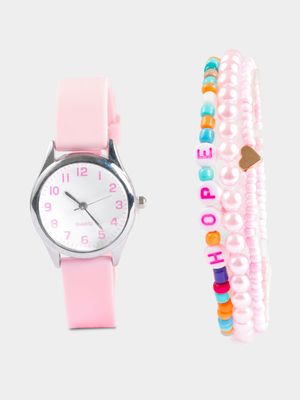 Girl's Pink Watch & Bracelet Set