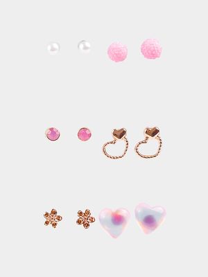 Girl's Rose Gold & Pink 6-Pack Stud Earrings