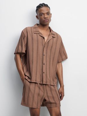 Men's Brown Stripe Textured Co-Ord Shorts