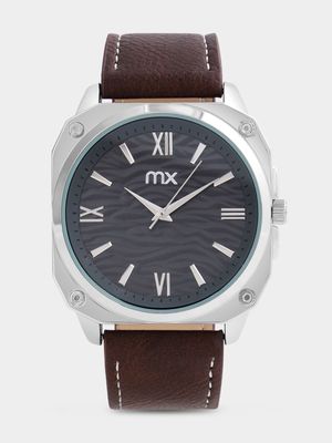 MX Silver Plated Square Grey Dial Brown Faux Leather Watch