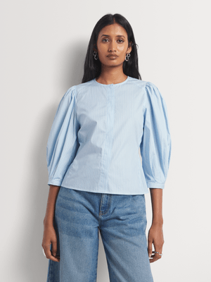 Striped Collarless Balloon Sleeve Shirt