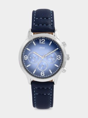 MX Silver Plated Light Blue Dial Blue Faux Leather Watch