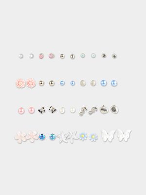 Girl's Silver, Pink & Blue 20-Pack Stud Earrings