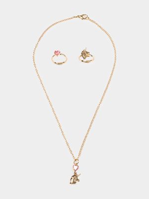 Girl's Gold Necklace & Rings Unicorn Set