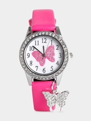 Girl's Pink Diamante Butterfly Watch