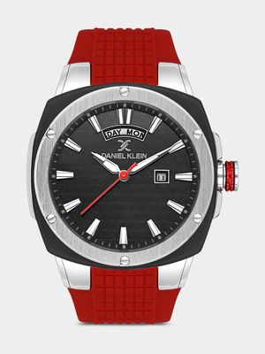 Daniel Klein Silver & Black Plated Black Dial Red Silicone Watch