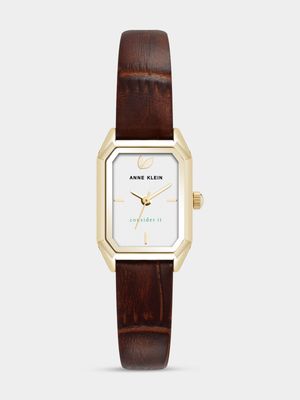 Anne Klein Rectangular Gold Plated Brown Leather Watch